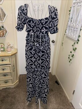 ASOS Black and White Geometric Puff-Sleeve Midi Dress